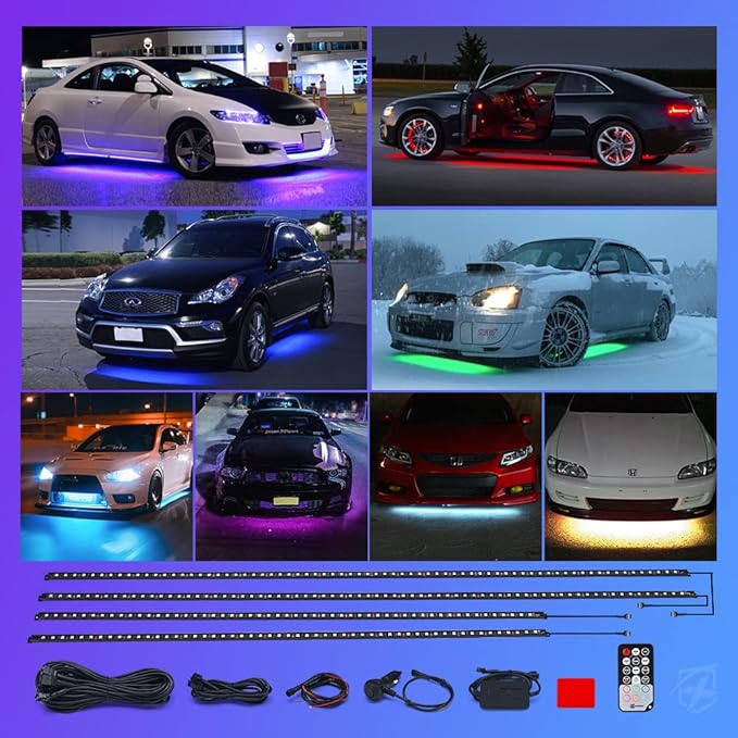 Underglow LED Lights for Cars, Xprite 4 PCS Aluminum Car Underglow Kit with Bluetooth & Wireless Remote Control, 12V 252 LEDs Car Lights Exterior Underbody Strips for Trucks SUV Vans