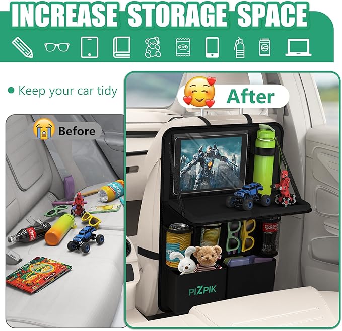 Plzpik Car Backseat Organizer with Tablet Holder,11 Storage Pockets with Foldable Food Tray, Protector Kick Mats for Kids, Travel Accessories Organizer (Black, 2Pack with Food Tray)