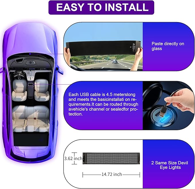 Devil Eyes Light for Cars (2-Pack) – 15''x4'' Dual LED Eyes for Car Windshield | Perfect Sync, Programmable Patterns, App/Remote Control | for Sedans, SUVs, Medium Trucks – Custom Dynamic Sign