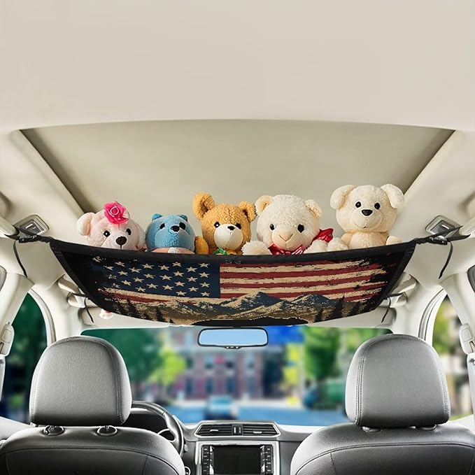 Generic American Flag Bear Car Ceiling Cargo Net-Fits Cars with Four Handles,Non-Blocking Rearview Mirror,Double-Layer Interior Roof Cargo Bag for Travel Road Trips and Car Camping 31.69"x24.02"