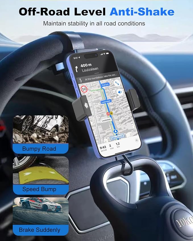 Steering Wheel Phone Holder for Car [Never Fall] 360° Adjustment Steering Wheel Phone Mount for Truck/Tesla/Pickup/Golf Cart/SUV, Compatible with iPhone 17 Pro Max 16 15 Ai Plus Smartphone