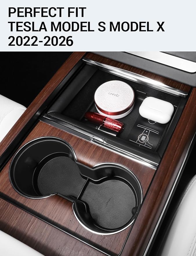 BASENOR 2022-2026 Tesla Model S Model S Plaid Model X Model X Plaid Center Console Storage Organizer Box Tray Pad TPE Cup Holder Insert Mat [Proprietary Design] for Tesla Interior Accessories (2 PCS)