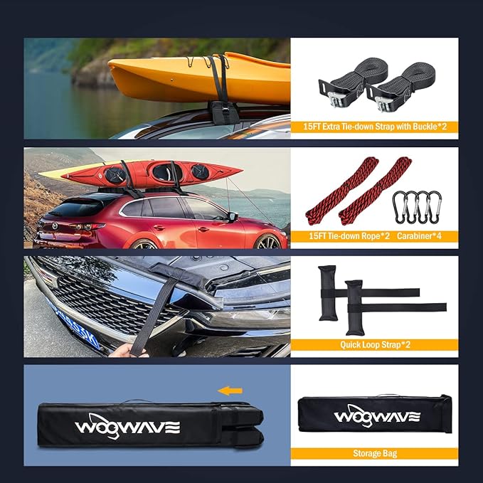 WOOWAVE Premium Kayak Roof Rack Pads Universal Car Soft Roof Rack Kayak Carrier for Canoe/Surfboard/Paddleboard/SUP/Snowboard with Tie Down Straps, Tie Down Rope, Quick Loop Strap and Storage Bag