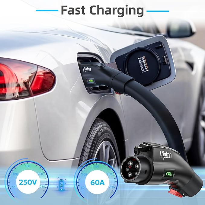 VIPTOO Tesla to J1772 Adapter 60A 250V AC — NACS EV Charging Connector with Charging Status Display for Tesla Wall/Destination/Mobile Charger, Fast & Safe Charging (Black)