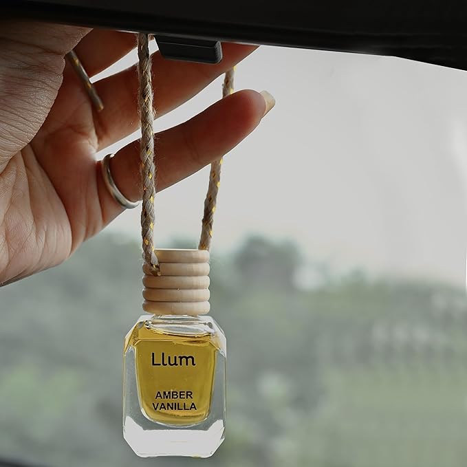 Llum Amber Vanilla Hanging Car Air Freshener – Luxury Automotive Perfume Diffuser 10ml (0.34 fl oz), Long-Lasting Fragrance, Alcohol-Free Non-Toxic Car Scent, Glass Bottle With Wood Cap & AC Vent Clip