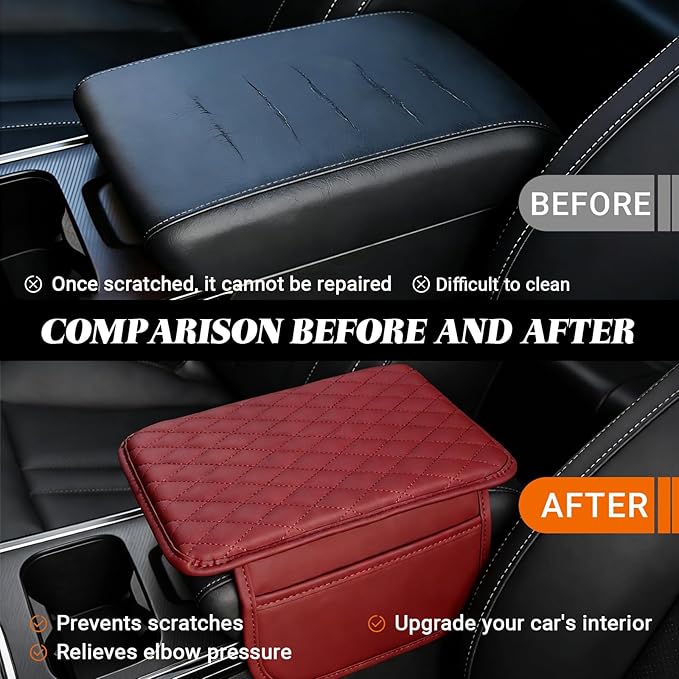 Car Center Console Cover, Upgraded Microfiber Car Armrest Cover Cushion, with 2 Storage Bags Scratch, Resistant Leather Cars Armrest Storage Box Universal Vehicles Accessories (Red)