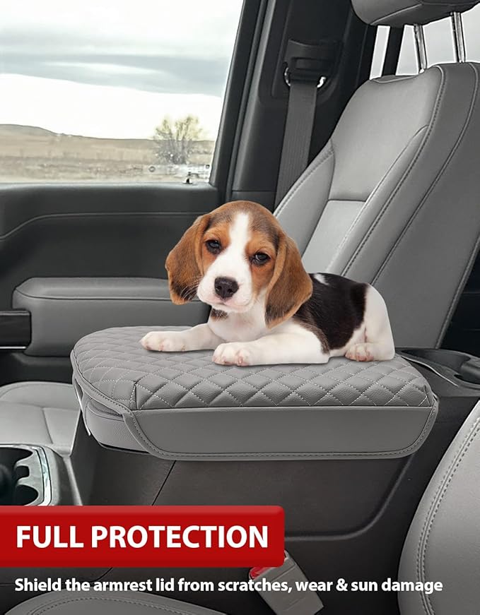 KBH Center Console Armrest Cover for 2019-2026 Chevy Silverado & GMC Sierra, 2021-2026 Tahoe & Suburban & Yukon Accessories, Vinyl Leather, Gideon Gray (Fits Bucket Seat Console Only)