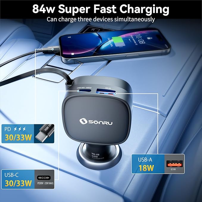 84W Max Retractable Fast Car Charger, Dual PD 33W USB C Car Charger, Cigarette Lighter Adapter with Built-in Retractable Cable for iPhone15/16/17, Samsung, Android, Equipped with a 31.5 inch Cable
