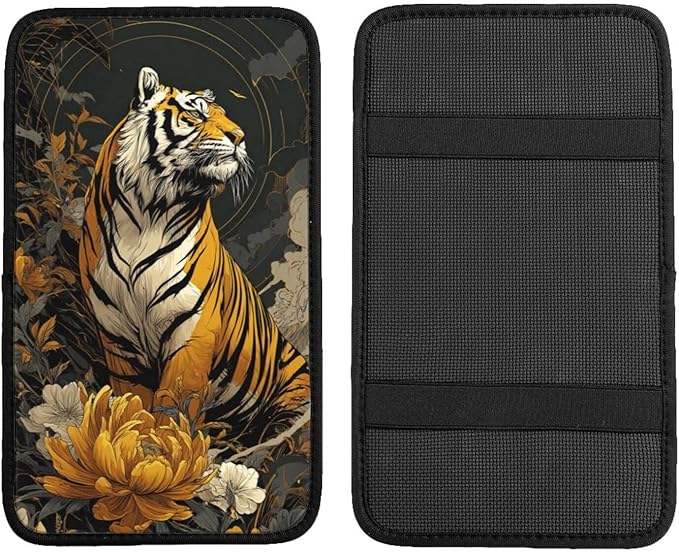Universal Car Center Console Cushion Pad, Golden Flower Tiger Soft Waterproof Car Center Console Cover Auto Armrest Seat Box Cover Protector for Most Vehicle SUV Truck Car