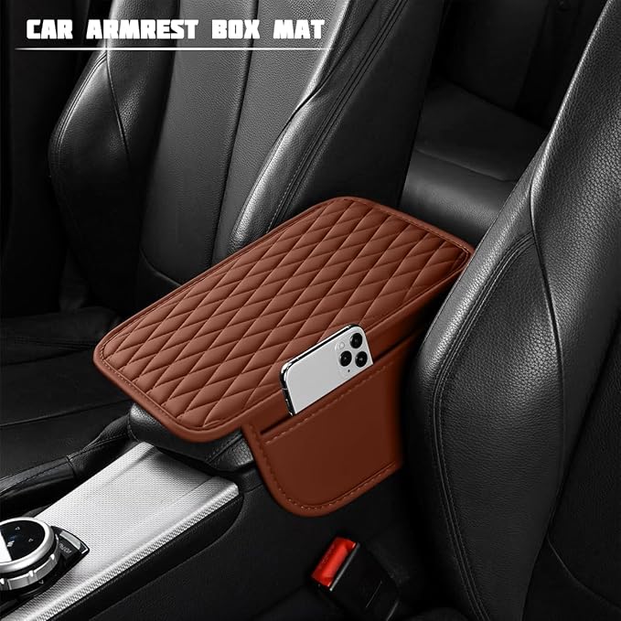Car Armrest Cushion Pad, Leather Vehicle Center Console Cover with 2 Storage Bags, Non-Slip Automotive Interior Arm Rest Seat Box Cover Accessories, Universal for SUV RV Sedan (Brown)
