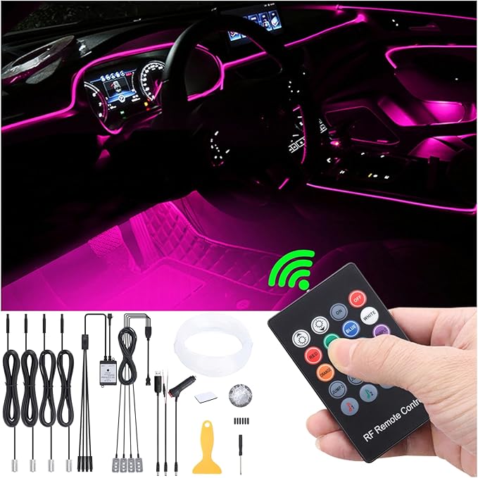 Car Interior Strip Lights, 4 in 1 Multicolor RGB Car Footwell Ambient Lighting Kit, 5m Fiber Optic EL Neon Tube Light, DIY Mode Music Sync RF Remote Control DC 12V