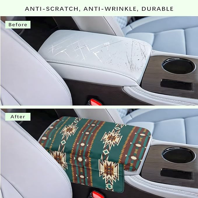 Dreaweet Aztec Arm Rest Cover for Car Thick Car Center Console Cover Pad with Pockets Green Anti-Scratch Car Armrest Cover Cushion Center Console Armrest Replacement
