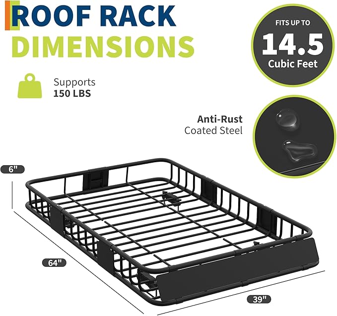 64"X 39"x 6" Universal Roof Rack Basket,Heavy Duty Weather Resistant Top Mount Cargo Rack, Luggage & Camping Gear Storage for Car, Truck or SUV Transport