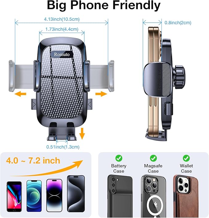 Romuto Phone Holders for Your Car Phone Holder Mount【Super Suction】Cell Phone Mount for Car Accessories for Women Men Windshield/Vent/Dash Truck Stand Desk Mount Clamp Holder for iPhone Samsung Camera