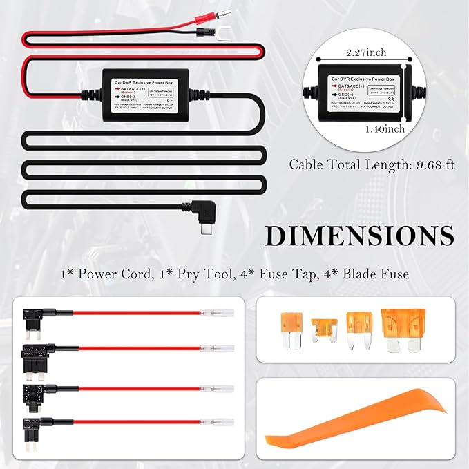 9.68Ft Type C Dash Cam Hardwire Kit 12-30V to 5V,Hardwire Kit for Dash Camera Includes 5A Blade Fuse/Fuse Tap/Power Cable/Tool,Dashcam Hardwires Kits USB C with Low Voltage Protection