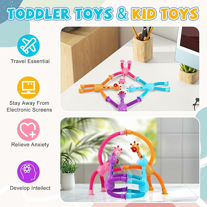 XONTEUS 4 Pcs Pop Tubes Giraffe Travel Airplane Road Trip Car Activities Essential ,Telescopic Suction Cup Sensory Fidget Toys,Screen-Free Activity for Boy & Girl , Stocking Stuffers for Kids