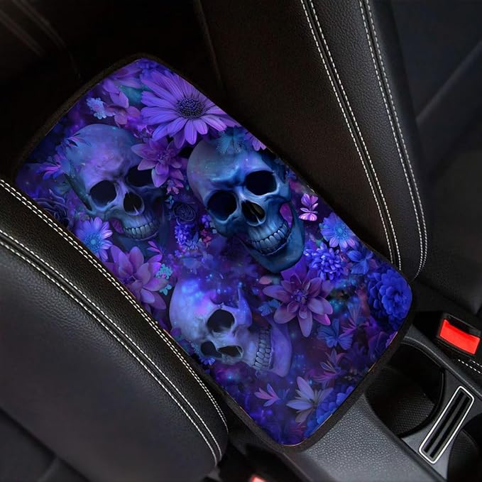 Skull Daisy Print Car Center Console Armrest Cover Scratch Proof Neoprene Armrest Cover Pad for Truck Sedan SUV, Universal Car Interior Decor Accessories