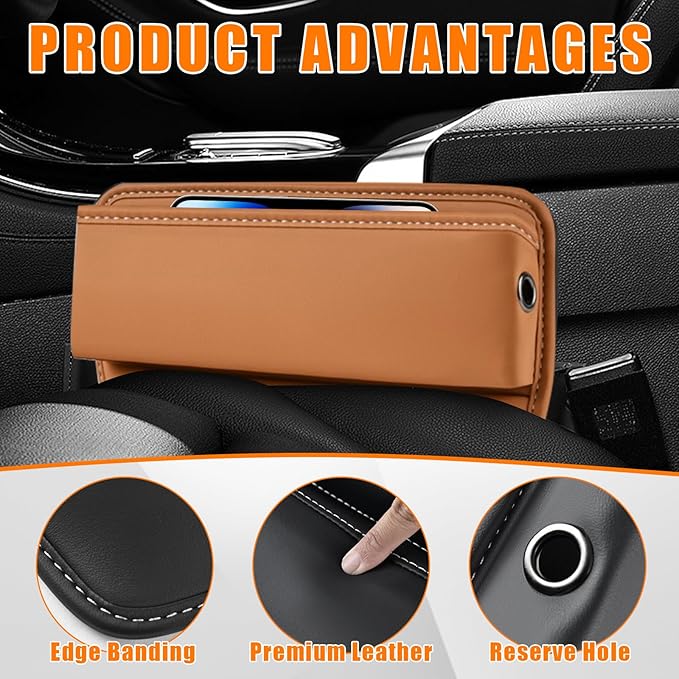 Ziciner Car Seat Gap Organizer, Premium Leather Auto Seat Storage Box, Vehicle Adjustable Front Seat Gap Filler, Car Seat Side Pocket Organizer for Phones, Glasses, Keys, Money, Cards (Khaki)