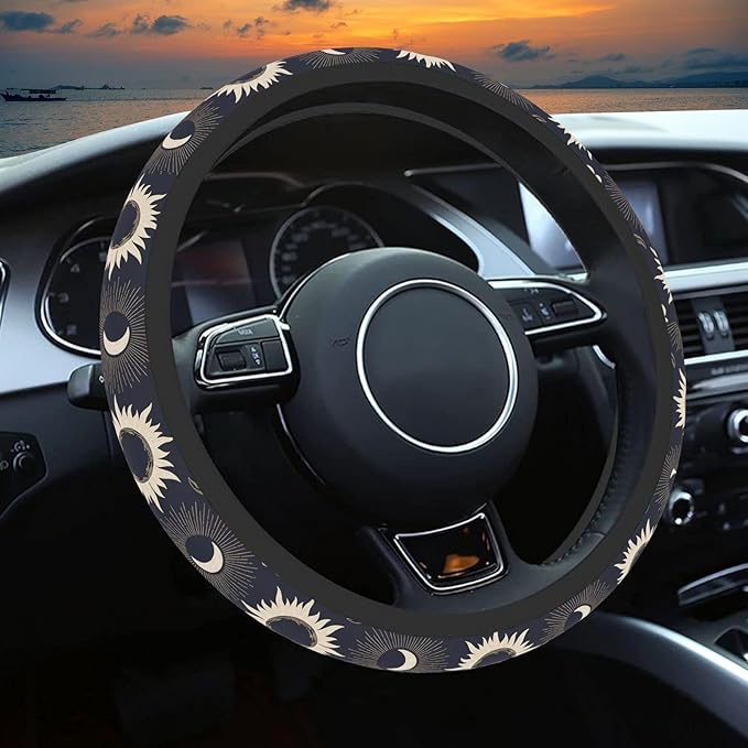 Sun Moon Steering Wheel Cover, Cute Print Elastic Steering Wheel Cover Protector, Ultra-Thin Skin-Friendly and Breathable, Car Accessories for Men, for Steering Wheel with a Diameter of 14.5"-15"