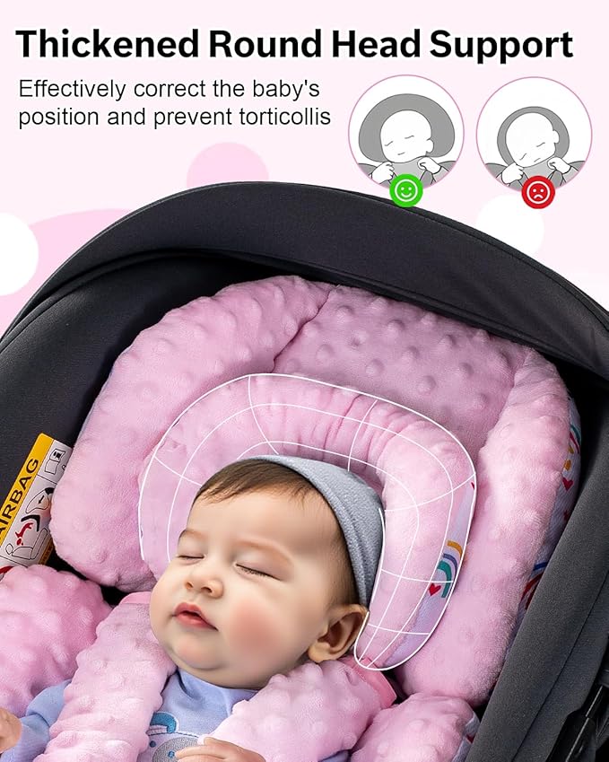 Infant Insert with Extra Headrest & Shoulder Pads, Baby Car Seat Head Neck Body Support, 2-in-1 Reversible Baby Car Seat Cuhsion for Girls Boys, Newborn Carseat Head Support for Stroller, Swing