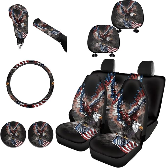 FKELYI Eagle American Flag Car Seat Covers Full Set Car Headrest Covers Gear Shifter Knob and Handbrake Cover Set, Steering Wheel Protector,Cup Coasters