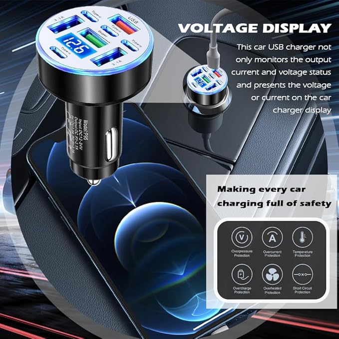 8 Port Type-C & USB Car Charger Adapter with 25W Fast Charging,12/24V Car Cigarette Lighter USB Charger with Voltage Display & Flexible Light,Upgraded Fast Cars Chargers