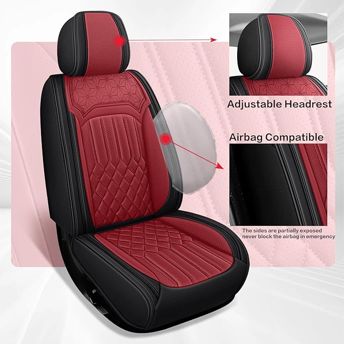 Car Seat Covers for Genesis GV70 2022-2025 2026, Full Set Nappa Leather Waterproof Breathable Anti-Slip Airbag Compatible Car Seats Protector, Car Interior Seats Cover (Black+Red,+Pillow)