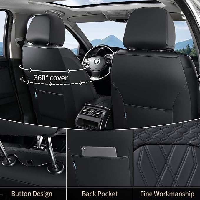 FLORICH Leather Cars Seat Covers Automotive Seat Cover Front Pair Waterproof Seat Covers for Car Vehicle Seat Cushion Protector Universal Fit for Most Cars Trucks SUVs, Black