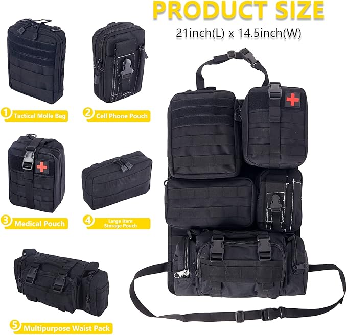 Universal Tactical Seat Back Organizer Vehicle Molle Panel Organizer Storage Bag with 5 Detachable Molle Pouch for All Vehicel Such as Jeep,Truck,SUV, Car, Ford,Chevy etc