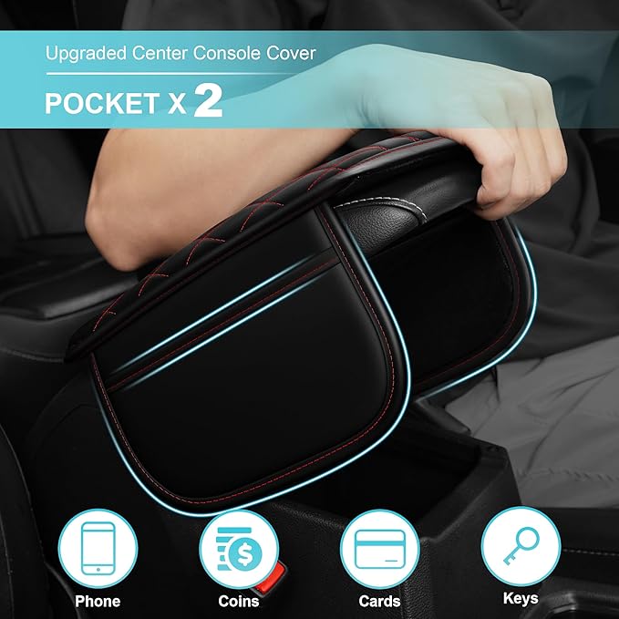 Center Console Cover Fit for Kia Optima 2006-2020 with 2 Storage Bags Waterproof Leather Quilted Pattern Car Armrest Cover Cushion Anti - Slip(Black&Red Line)