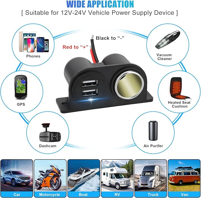 2PCS Dual USB Outlet Cigarette Lighter Socket Splitter with Blade Fuse, 12V 4.2A Car Charger Power Adapter Replacement Waterproof Plug Female 21W for RV Marine Boat Motorcycle Truck ATV UTV Van etc