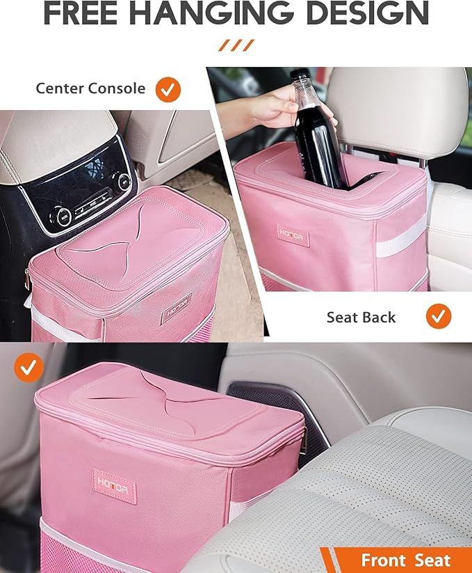 HOTOR Car Trash Can with Lid and Storage Pockets - 100% Leak-Proof Organizer, Waterproof Garbage Can, Multipurpose Trash Bin for Car, 2 Gallons, Pink