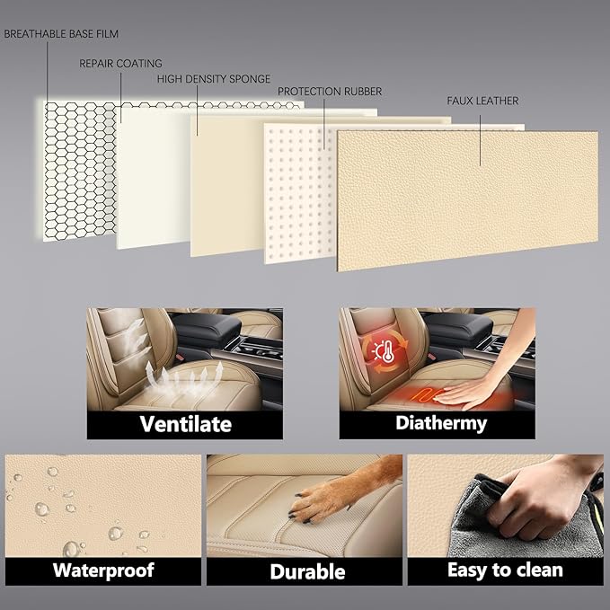 Full Coverage Faux Leather Car Seat Covers,Automotive Seat Covers for Cars,SUVs Pick-up Truck, Car Seat Cushion, Beige Seat Covers,Front Seat Cover,Car Seat Protector