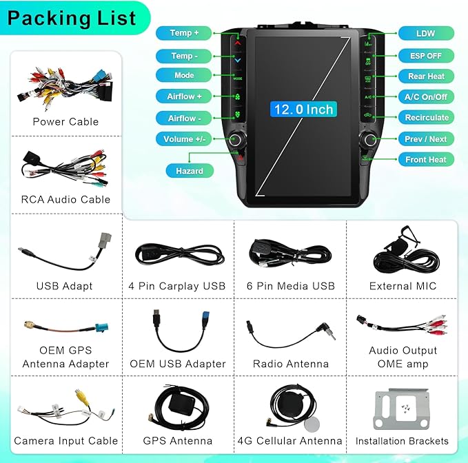 8 Cores 4+64G Radio Upgrade, 2019-2024 for Dodge Ram 1500 2500 3500 Truck Radio Upgrade,12.1 inch Vertical Touchscreen Support Wireless CarPlay Android Auto GPS Bluetooth FM SWC(Inches, 12)
