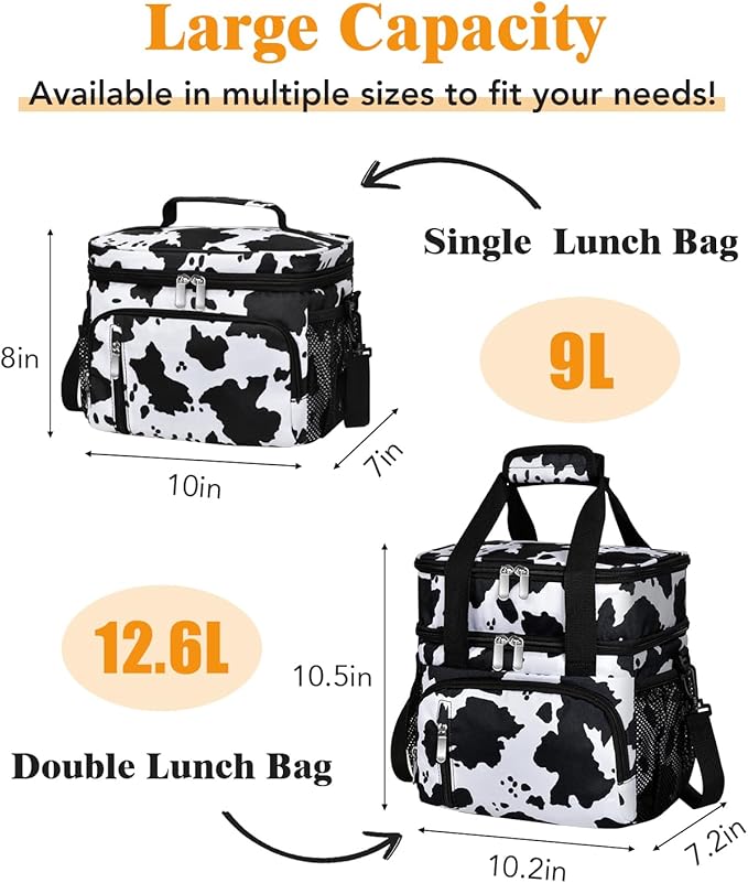 Insulated Lunch Bag for Women, Double Leakproof Lunch Box Soft Cooler Tote with 5 Pockets, 600D Oxford, EVA Lining, Adjustable Strap for Work, Picnic, Beach&Travel-Cow Print