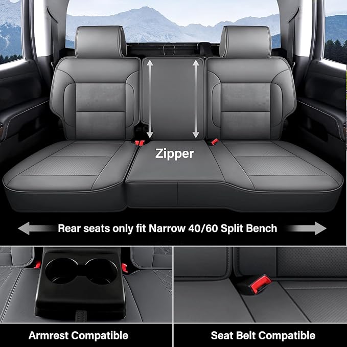 Coverado Chevy Silverado Seat Covers Full Set, Faux Leather Car Seat Covers Fit for 2014-2018 1500, 2015-2019 2500HD 3500HD Chevy Silverado GMC Sierra Crew Double Extended Cab (Gray)