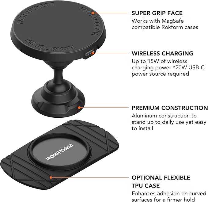 ROKFORM Wireless Car Charger, Magnetic Swivel Dash Mount, Compatible with Mag Safe Cases, Adhesive Phone Holder, USB-C to USB-C Cable Included (Black)