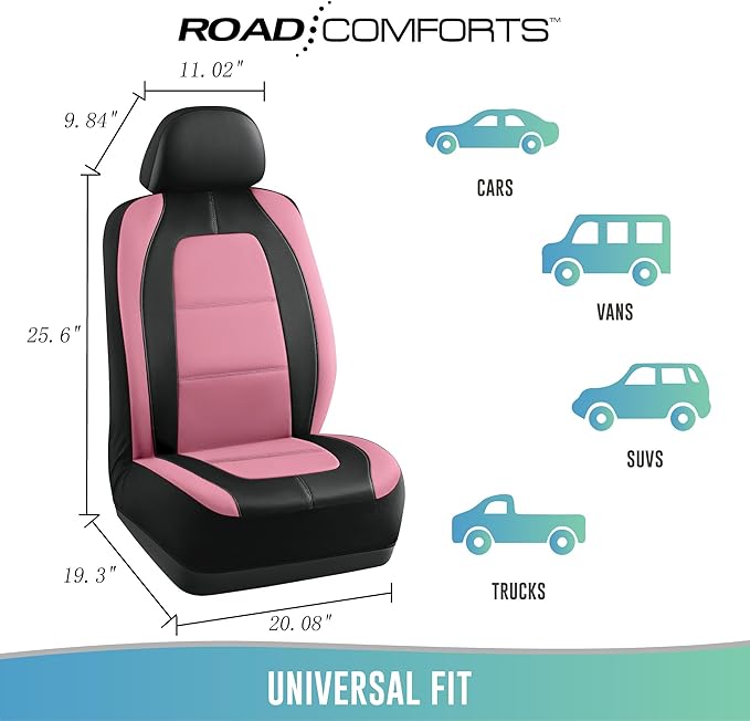 Road Comforts Car Seat Cover, Leather Car Seat Covers, Front Low Back Sport Seat Covers, Airbag Compatible, Universal Fits for Most Cars (Pink)