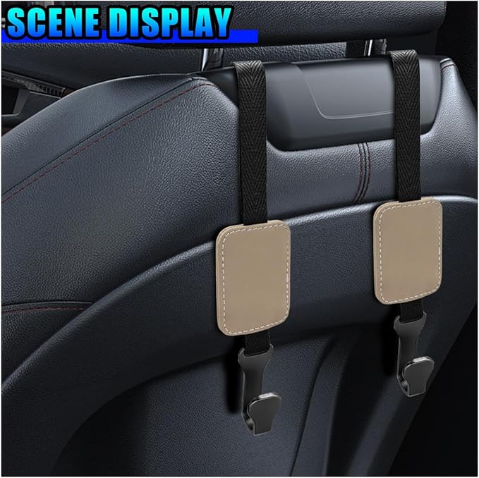 2PCS Car Seat Headrest Hooks, Stylish Suede Automotive Backseat Storage Hanger, Universal Vehicle Interior Seat Organizer Accessories for Purse, Handbag, Umbrella, Grocery (Beige)