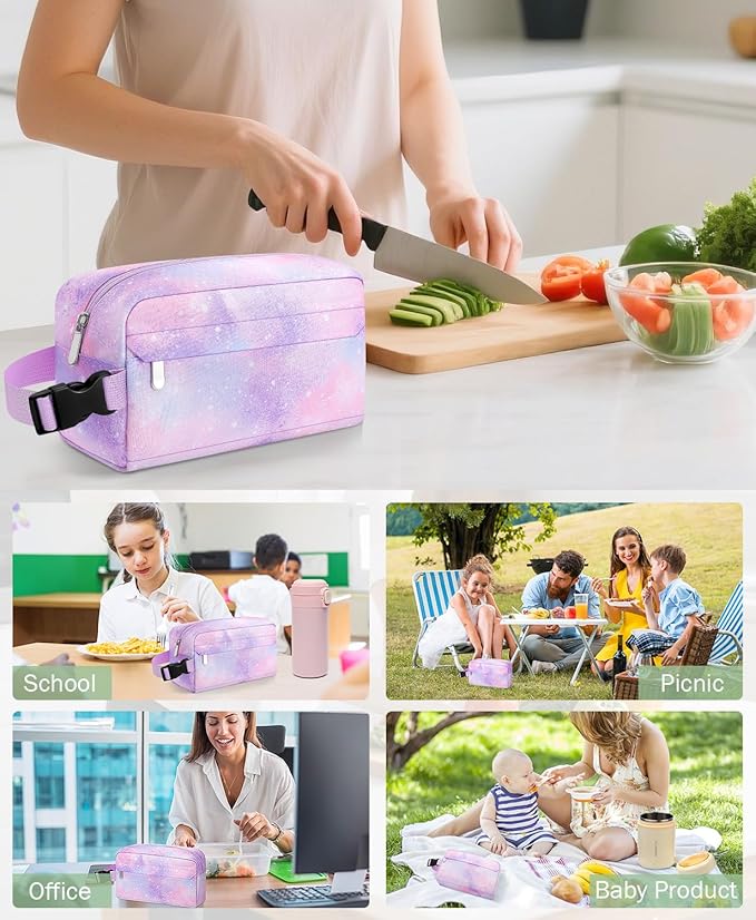 Small Insulated Snack Bag Lunch Bag for Kids Lunch Box for Women/Men, Collapsible [3L/5-Can] Reusable Lunch Bag Cooler Bag for Bottle with Handle Buckle for Work/School/Travel,Pink Starry Sky