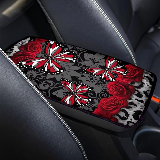 Butterfly Rose Print Center Console Armrest Pad for Cars Dust-Proof Anti-Slip Armrest Seat Storage Box Mat for Car Interior Decor, Easy to Install