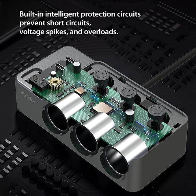 Cigarette Lighter Splitter Adapter, 120W 3 Socket 12V Car Heavy Duty Truck Cigarette Lighter Plug USB Charger Multi Port Car Plug Outlet Splitter with LED Voltage Display Independent Switches