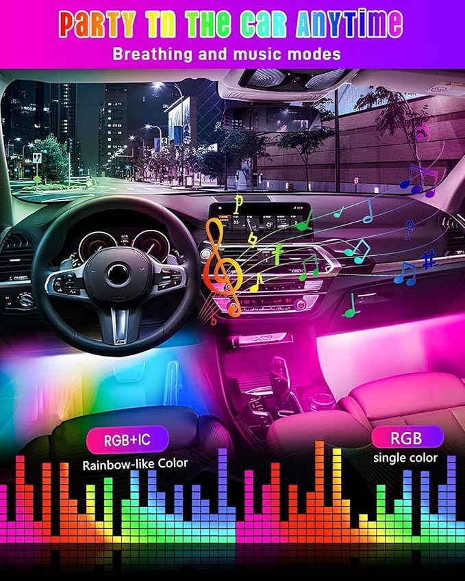 Dreamcolor RGB+IC 72 LED Interior Car Strip Lights with Smart APP Remote Control, Music Sync Under Dash Footwell Neon Internal Lighting Kit Multicolor,12V LED Strip Lights for Cars, Trucks, SUVs