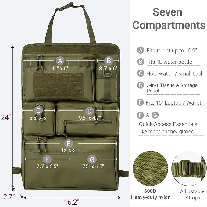 Tactical Seat Back Organizer Heavy Duty MOLLE Panel Organizer with Multiple Pockets & Hook Loop Panel for Road Trip Essentials, Universal Fit for Car SUV Truck Jeep (Army Green)