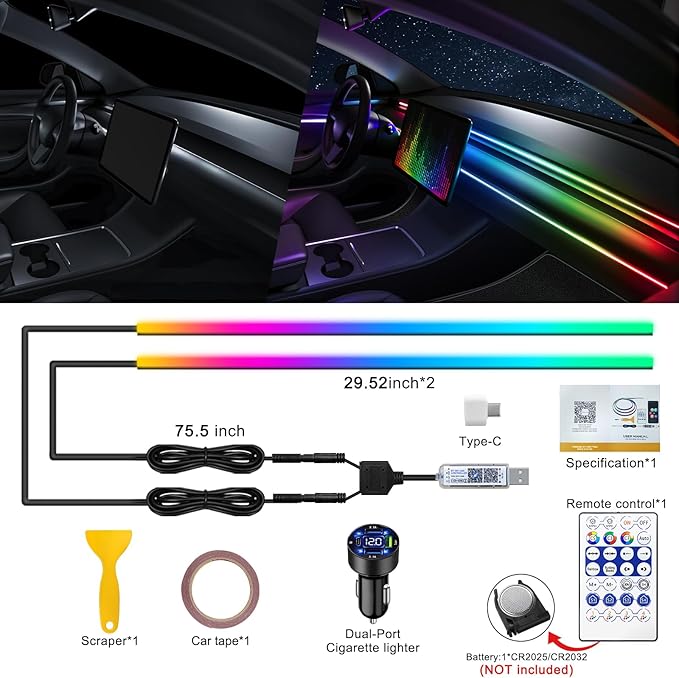 Dreamcolor Acrylic Interior Car LED Strip Light with USB/Type C/4-Port Cigarette Lighter, RGB 2 in 1 with 59.04 inches LEDs Ambient Lighting Kits, Sound Active Function Neon Led Strips for Car
