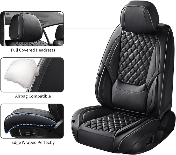 Car Seat Covers Full Set Black, Luxury Faux Leather Car Seat Covers Waterproof Non-Slip Seat Protector Universal Fit for Most Cars SUVs Trucks Pick-ups,Car Accessories for Front Seats and Back