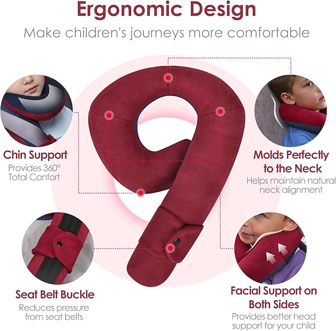 Kids Travel Neck Pillow, Toddler Travel Pillow for Car & Airplane and Head & Chin Support, Comfortably Travel Neck Pillow for Road Trip Sleeping, Gifts for Toddler/Child/Kids (Wine Red & Dark Blue)