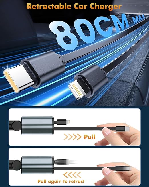 Retractable Car Charger,66W 4 in 1 iPhone 16 15 Car Charger Adapter with 2 Retractable iPhone ChargerCables(USB C & Lightning),2 USB Ports(USB C & USB A) for iPhone 16 15 14 13 12 11,iPad Pro Air Mini