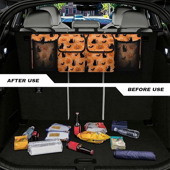 Car Trunk Organizer, Hanging Capacity Storage Bag Halloween Cats and Pumpkin Prints Car Back Seat Storage Bag Auto Interior Accessories for SUVs MPV Sedans Trucks Jeeps