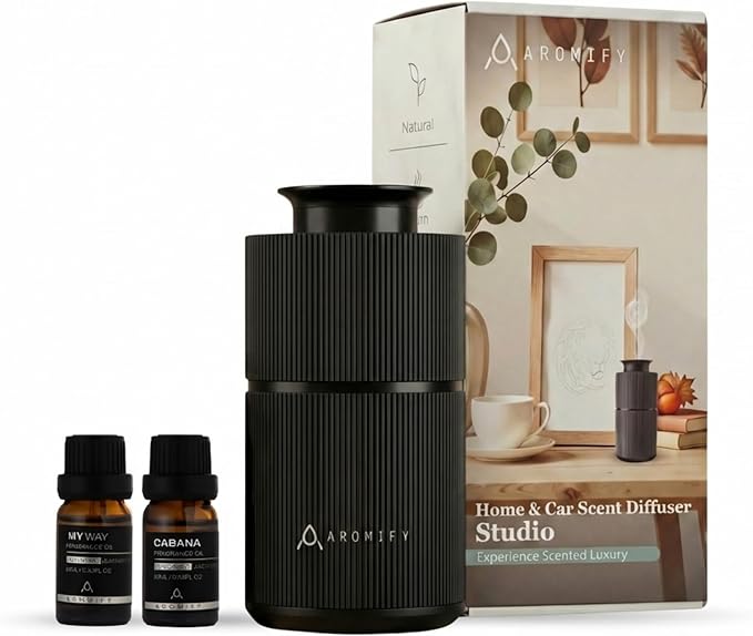 Studio Scent Diffuser Starter Kit with 2 Oils, Home, Car & Office, Waterless Essential Oil Diffuser, Compact & Portable Fragrance Diffuser, Rechargeable, Silent Running, No Residue